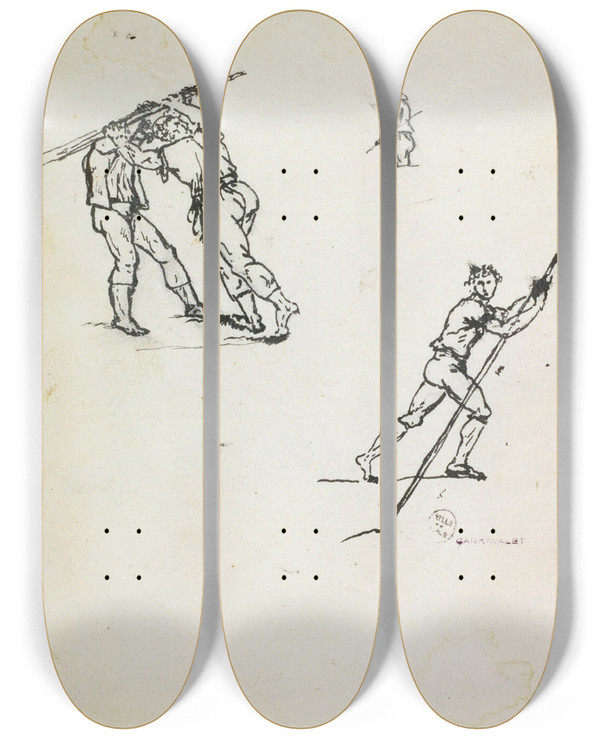 Triptych art skateboard deck of Guillaume Boichot 3 Croquis De Rameurs by Guillaume Boichot (1735-1814)