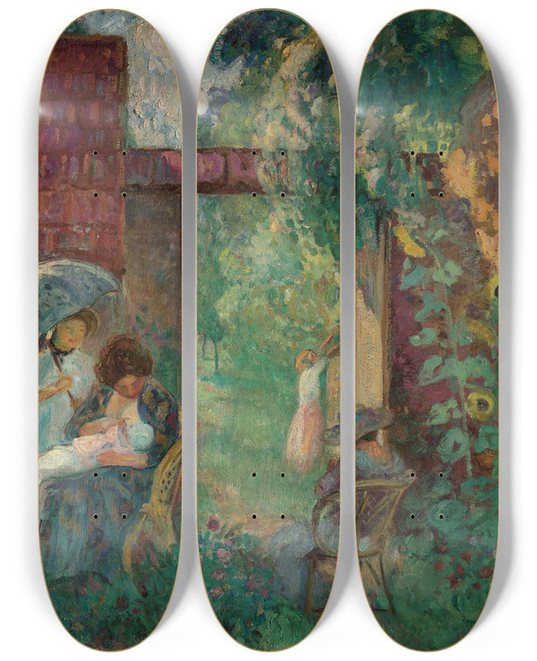 Triptych art skateboard deck of Henri Lebasque Femmes Et Enfants Dans Un Jardin En T by Henri Lebasque (1865-1937)
