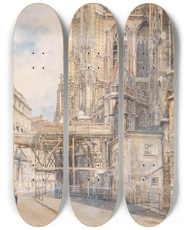 Triptych art skateboard deck of Hermann Schmidt Stephansdom Sdturm Mit Gerst by Hermann Schmidt (1819-1903)
