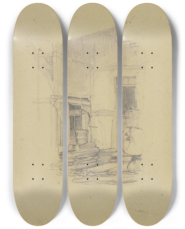 Triptych art skateboard deck of Jakob Becker Courtyard With Fountain by Jakob Becker (1810-1872)