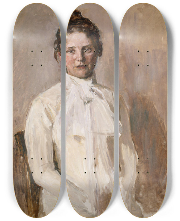 Triptych art skateboard deck of Signe Scheel Portrait Of Valborg Nicolaysen The Artists Sister by Signe Scheel (1860-1942)