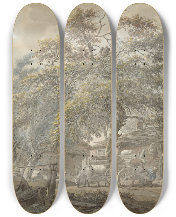Triptych art skateboard deck of Vincent Jansz Van Der Vinne Boerenerf Met Twee Mannen Die Een Wieg Op Een Paardenkar Laden by Vincent Jansz. van der Vinne (1736-1811)