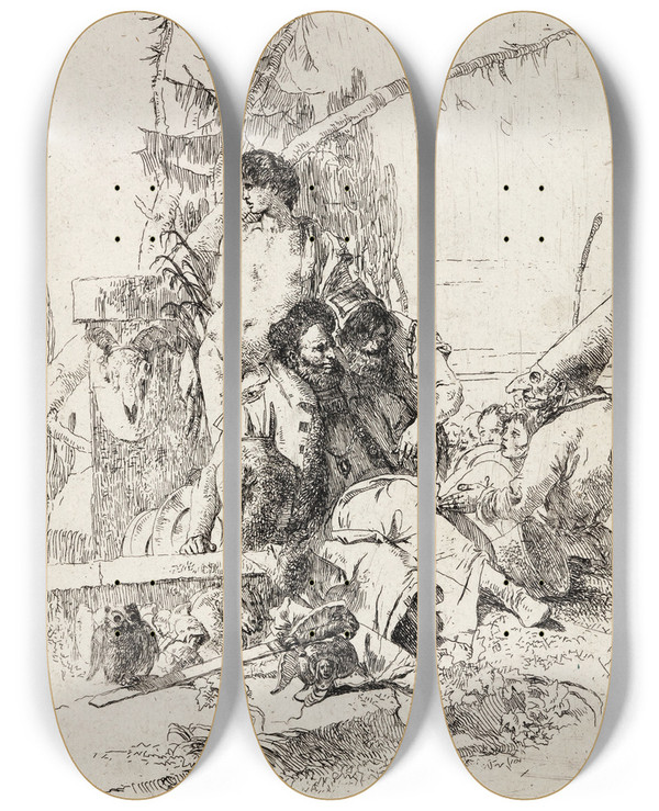 Triptych art skateboard deck of Giovanni Battista Tiepolo Punchinello Gives Counsel by Giovanni Battista Tiepolo (1696-1770)
