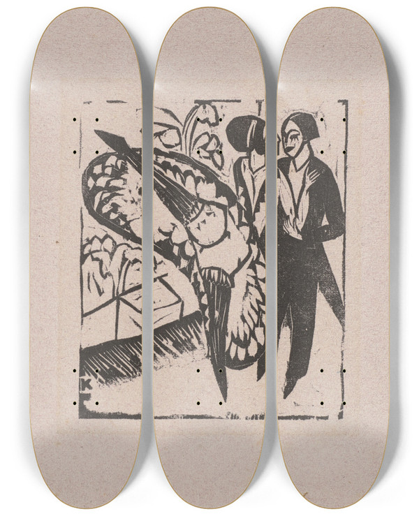 Triptych art skateboard deck of Ernst Ludwig Kirchner Schleudertanz by Ernst Ludwig Kirchner (1880-1938)