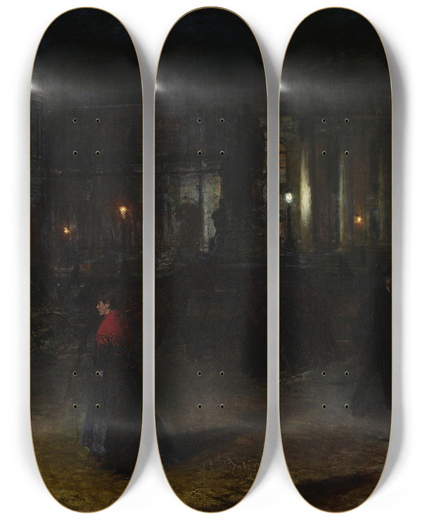 Triptych art skateboard deck of Aleksander Gierymski Maxjosefplatz In Munich At Night by Aleksander Gierymski (1850-1901)
