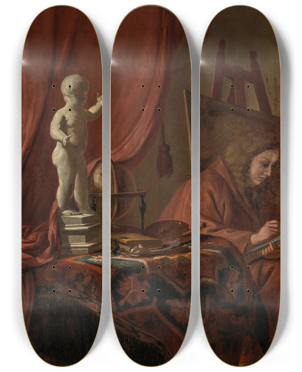 Triptych art skateboard deck of Gerrit Adriaensz Berckheyde A Painter In His Studio by Gerrit Adriaensz Berckheyde (1638-1698)