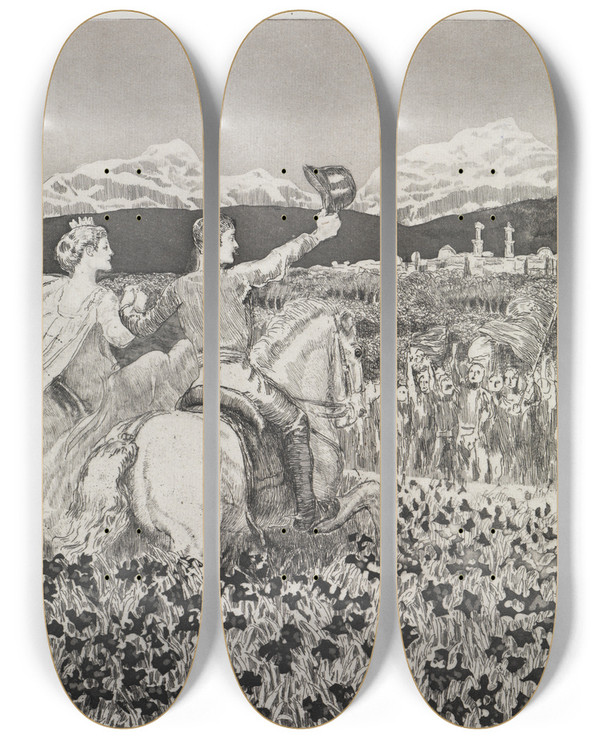 Triptych art skateboard deck of Max Klinger Im Eignen Land Zelt Opus Xiv 2 Teil Nr 43 by Max Klinger (1857-1920)