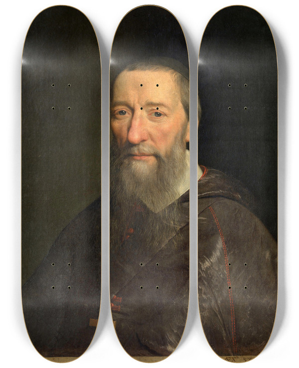 Triptych art skateboard deck of Philippe De Champaigne Portrait Of Bishop Jeanpierre Camus by Philippe De Champaigne (1602-1674)