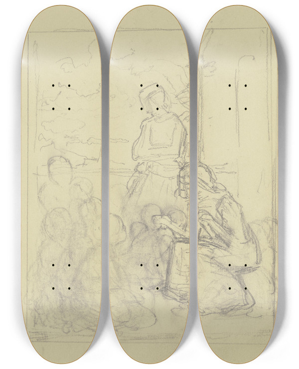 Triptych art skateboard deck of Jakob Becker Group In Front Of A House by Jakob Becker (1810-1872)