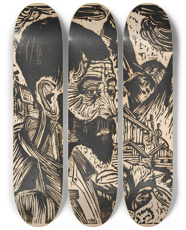 Triptych art skateboard deck of Ernst Ludwig Kirchner Sennkopf Martin Schmied by Ernst Ludwig Kirchner (1880-1938)