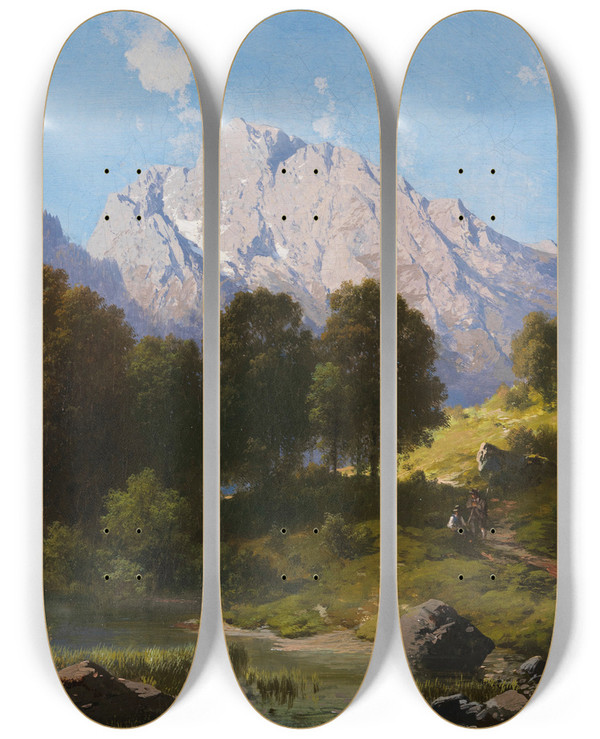 Triptych art skateboard deck of Carl Millner Sommerliche Gebirgslandschaft by Carl Millner (1825-1895)