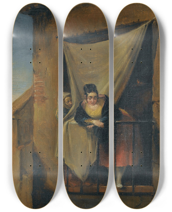 Triptych art skateboard deck of Leonardo Alenza Y Nieto A Womanat A Balcony by Leonardo Alenza Y Nieto (1807-1845)