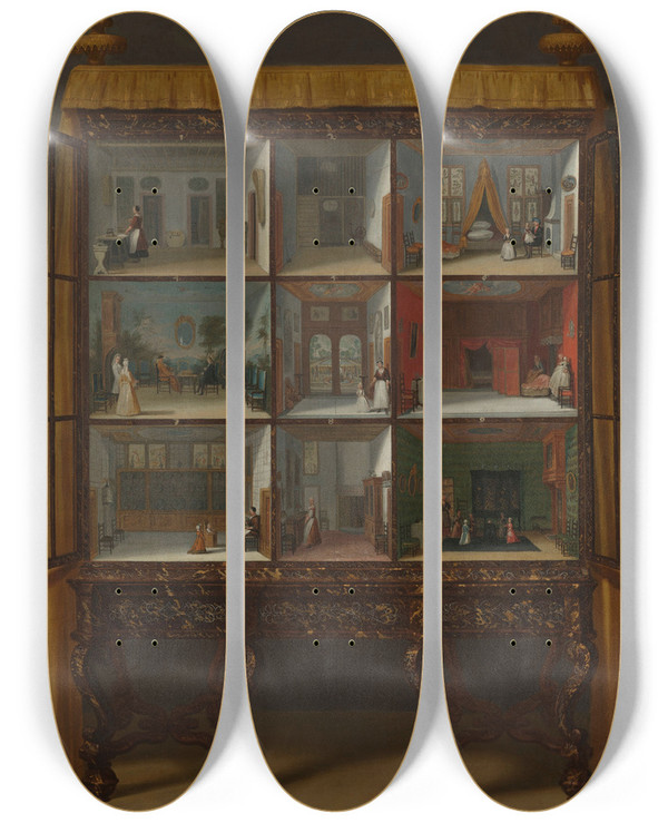 Triptych art skateboard deck of Jacob Appel Dolls House Of Petronella Oortman by Jacob Appel (1680-1751)