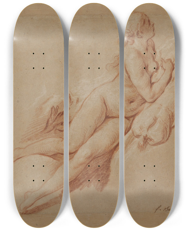 Triptych art skateboard deck of Franois Boucher Study Of A Reclining Nude by Francois Boucher (1703-1770)