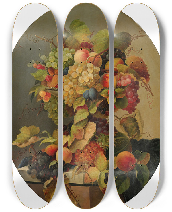 Triptych art skateboard deck of Charles Baum Still Life With Flowers And Fruit by Charles Baum (1812-1877)