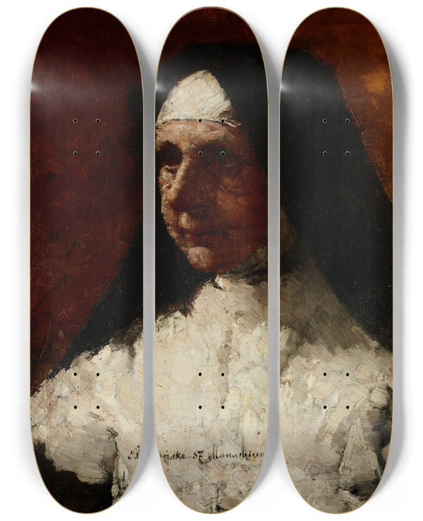 Triptych art skateboard deck of Olga Boznanska Study Of A Nun by Olga Boznanska (1865-1940)