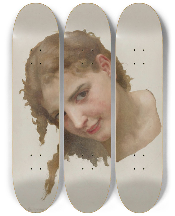 Triptych art skateboard deck of William Bouguereau Jeune Fille De La Rochelle Study For Le Gu by William Bouguereau (1825-1905)