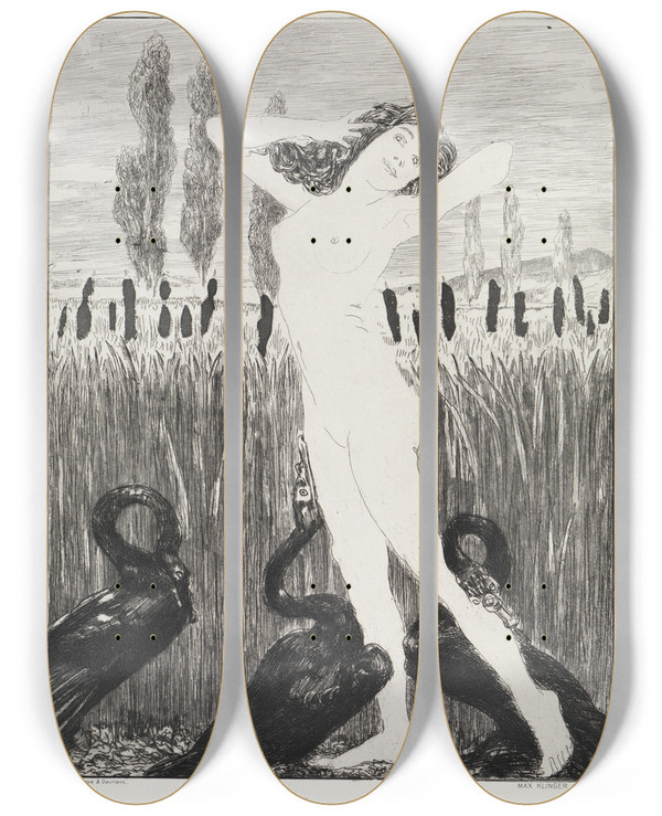 Triptych art skateboard deck of Max Klinger Am See Zelt Opus Xiv 1 Teil Nr 3 by Max Klinger (1857-1920)