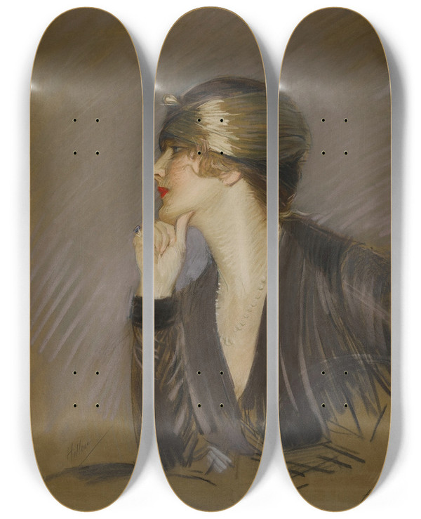 Triptych art skateboard deck of Paul Csar Helleu Portrait De Lucette by Paul Cesar Helleu (1859-1927)