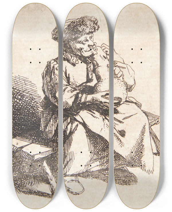 Triptych art skateboard deck of Cornelis Pietersz Bega Siddende Kvinde Med En Kande by Cornelis Pietersz Bega (1631-1664)