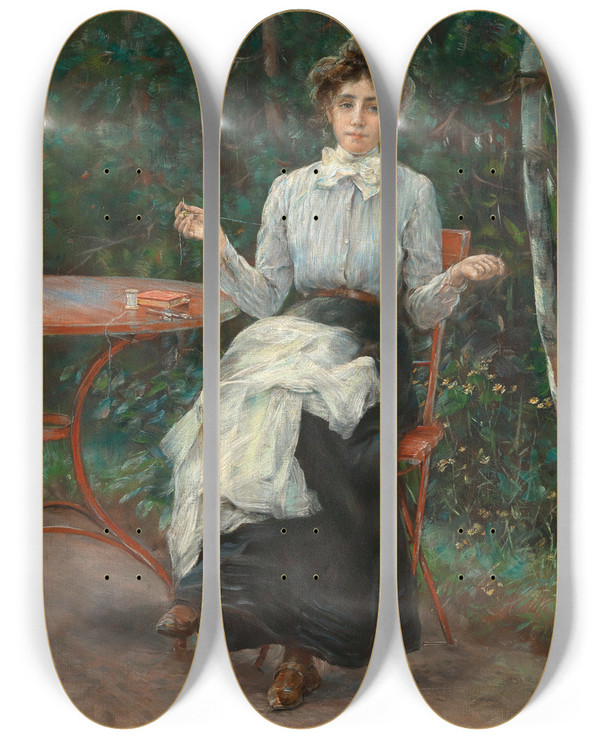 Triptych art skateboard deck of Otto Piltz The Painters Daughter Sewing In The Garden According To Family Tradition by Otto Piltz (1846-1910)