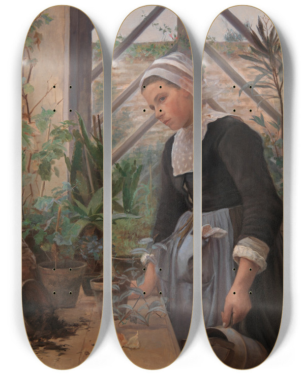 Triptych art skateboard deck of Anna Petersen Breton Girl Looking After Plants In The Hothouse by Anna Petersen (1845-1910)