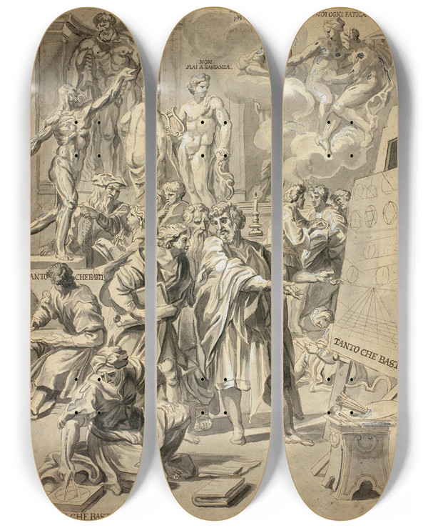 Triptych art skateboard deck of After Carlo Maratti Allegorical Scene In Artists Studio by After Carlo Maratti (1625-1713)