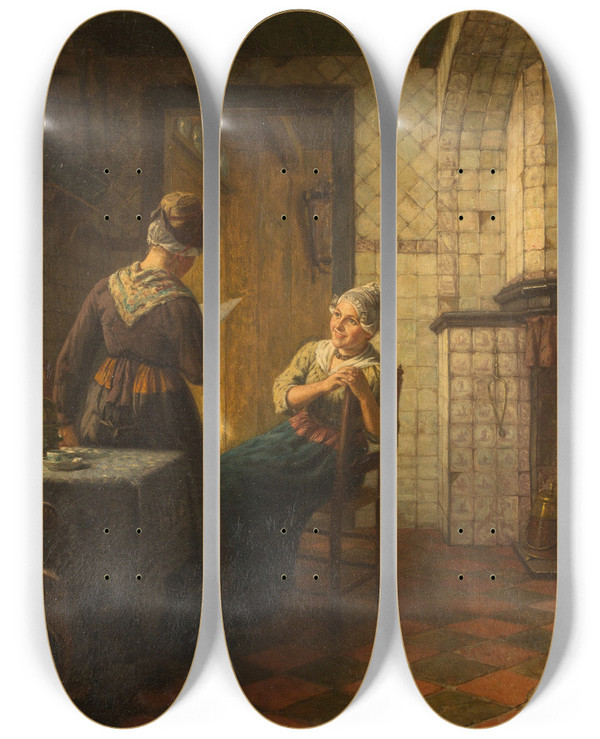 Triptych art skateboard deck of Carl Emil Mcke Good News by Carl Emil Mucke (1847-1923)