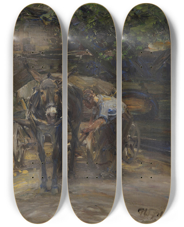 Triptych art skateboard deck of Heinrich Von Zgel Eselfuhrwerk Beim Anschirren by Heinrich Von Zugel (1850-1941)