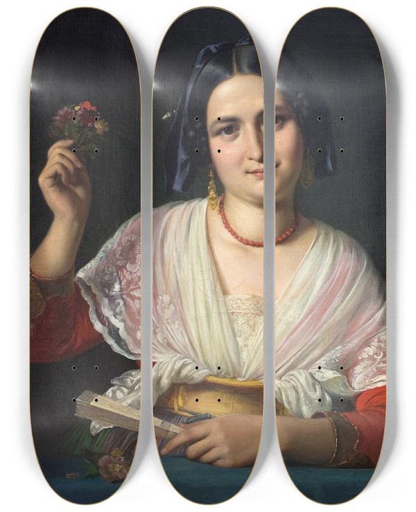 Triptych art skateboard deck of Wilhelm Marstrand A Roman Woman In Fancy Dress by Wilhelm Marstrand (1810-1873)