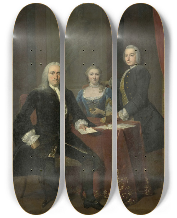 Triptych art skateboard deck of Frans Van Der Mijn Family Group In An Interior by Frans van der Mijn (1719-1783)