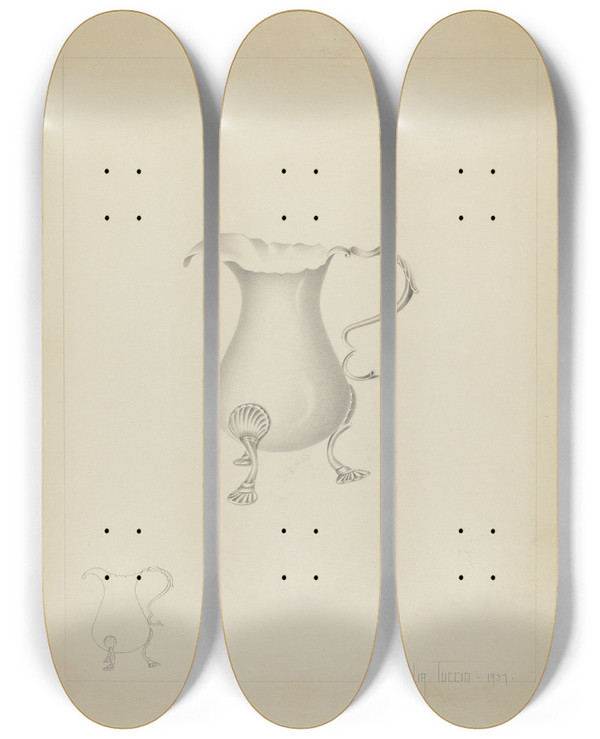 Triptych art skateboard deck of Amelia Tuccio Silver Creamer_4 by Amelia Tuccio (20-)