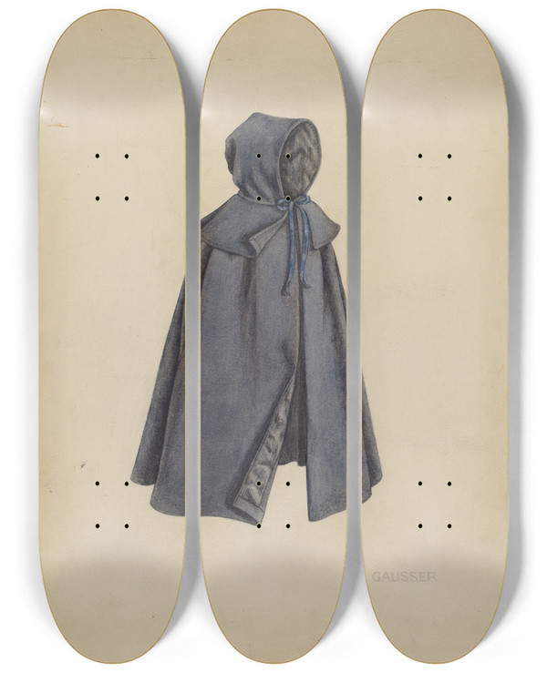 Triptych art skateboard deck of Eleanor Gausser Shaker Dolls Cloak by Eleanor Gausser