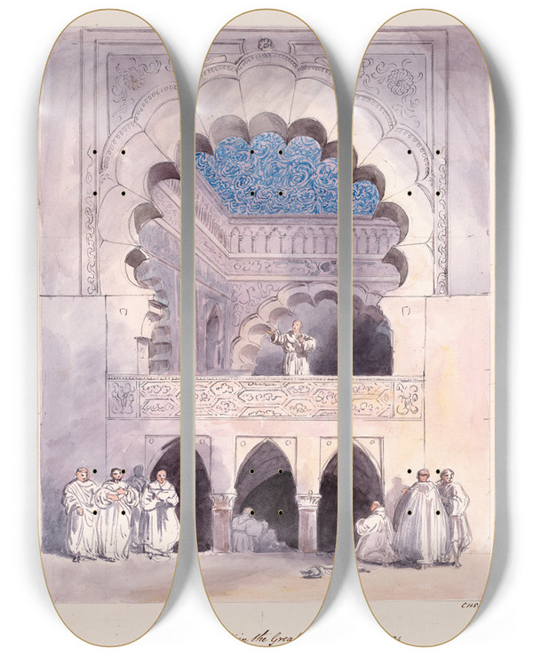 Triptych art skateboard deck of Charles Hamilton Smith Arab Pulpit In The Great Mosque At Cordova by Charles Hamilton Smith (1776-1859)