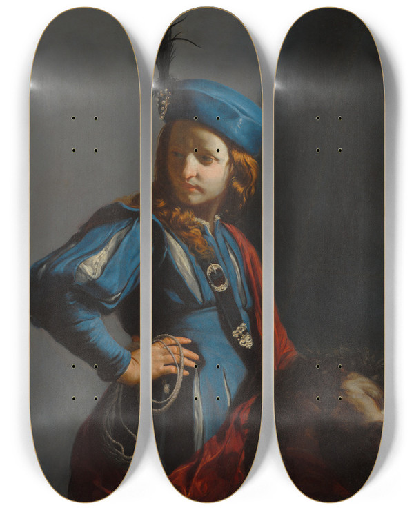 Triptych art skateboard deck of Guido Cagnacci David With The Head Of Goliath by Guido Cagnacci (1601-1682)