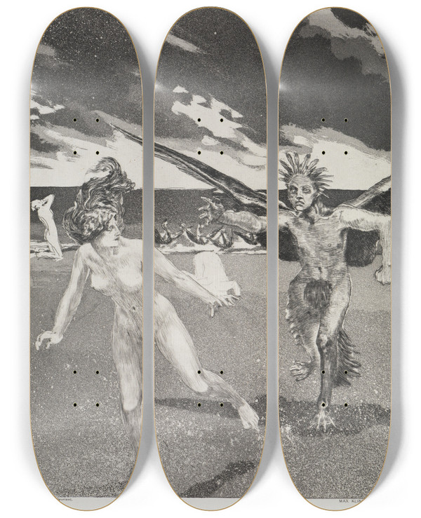Triptych art skateboard deck of Max Klinger Der Schwanenprinz Zelt Opus Xiv 1 Teil Nr 7 by Max Klinger (1857-1920)