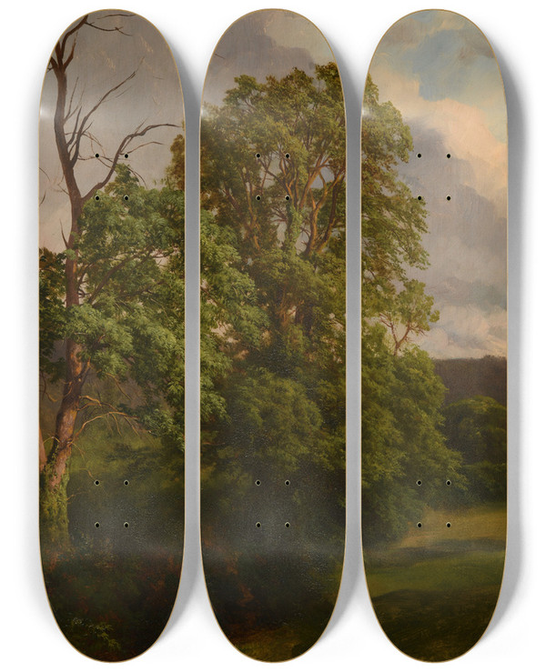 Triptych art skateboard deck of Jacquesraymond Brascassat Les Chnes by Jacques Raymond Brascassat (1804-1867)