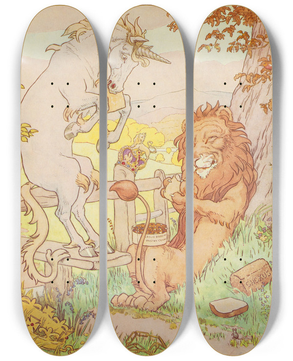 Triptych art skateboard deck of Leonard Leslie Brooke Lion And The Unicorn by Leonard Leslie Brooke (1862-1940)