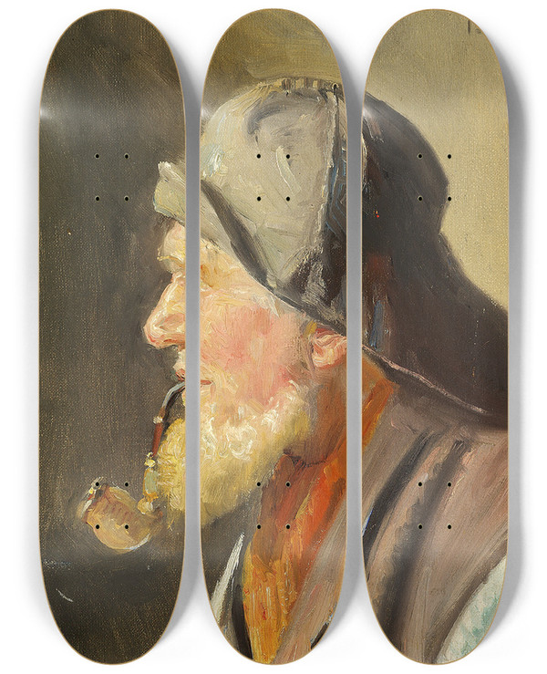 Triptych art skateboard deck of Michael Ancher Fisker Med Pibe Og Sydvest by Michael Ancher (1849-1927)