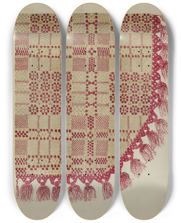 Triptych art skateboard deck of Sarah F Williams Coverlet by Sarah F Williams