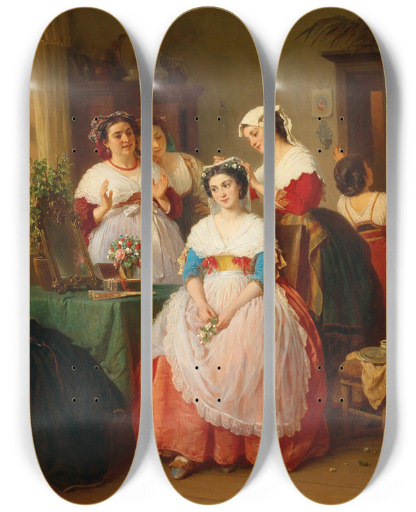 Triptych art skateboard deck of Konstantin Johannes Franz Cretius The Wedding Morning by Konstantin Johannes Franz Cretius (1814-1901)
