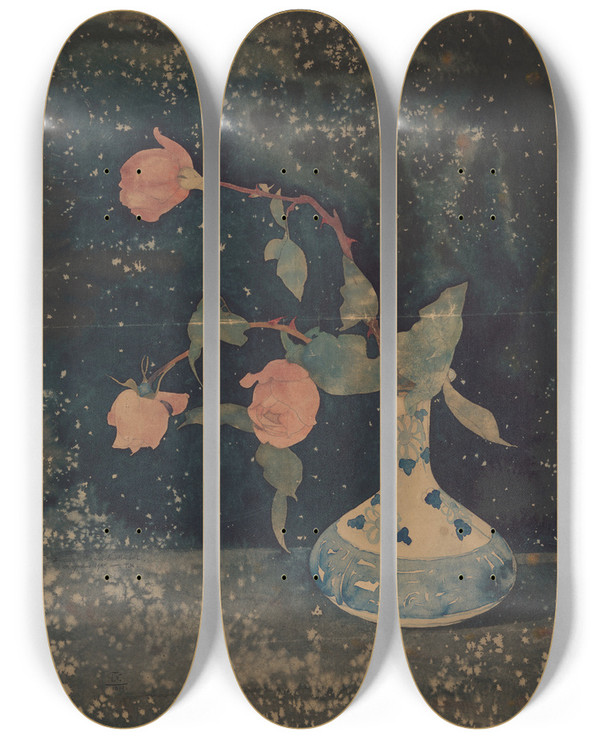 Triptych art skateboard deck of Theo Nieuwenhuis Drie Rozen In Een Oosterse Vaas by Theo Nieuwenhuis (1866-1951)