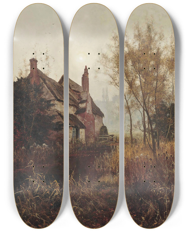 Triptych art skateboard deck of Edward Wilkins Waite Reposing In Decay Serene by Edward Wilkins Waite (1854-1924)