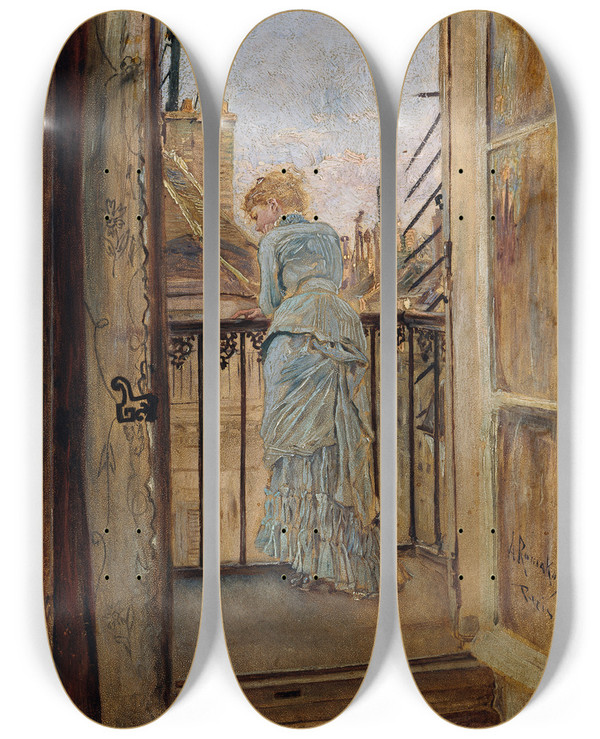 Triptych art skateboard deck of Anton Romako Auf Dem Balkon by Anton Romako (1832-1889)