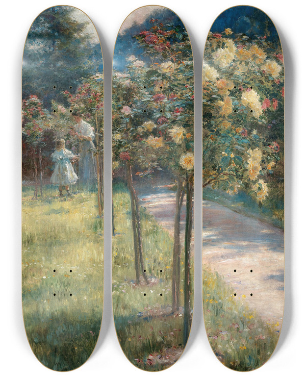 Triptych art skateboard deck of Emil Czech The Rose Garden by Emil Czech (1862-1929)