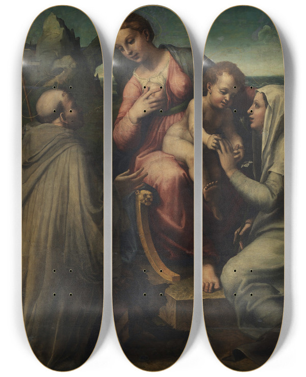 Triptych art skateboard deck of Francesco Menzocchi The Madonna And Child With Saints by Francesco Menzocchi (1502-1574)