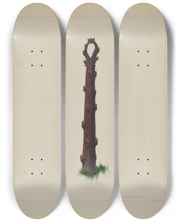 Triptych art skateboard deck of Richard Correll Tree Trunk Hitching Post by Richard Correll