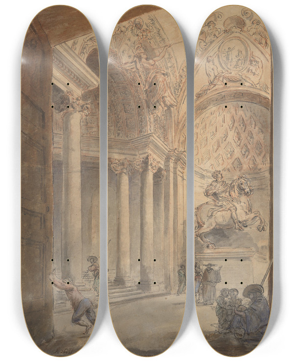 Triptych art skateboard deck of Hubert Robert Interior Of Saint Peters by Hubert Robert (1733-1808)