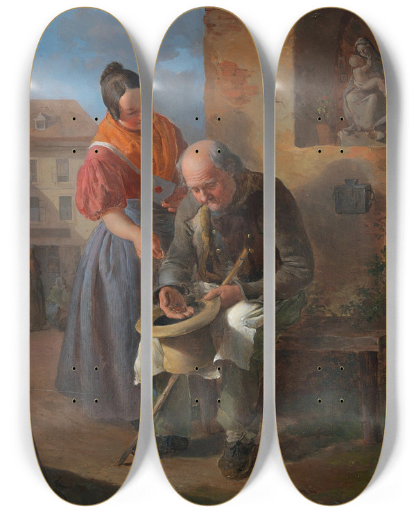 Triptych art skateboard deck of Eduard Ritter Der Letzte Groschen by Eduard Ritter (1808-1853)