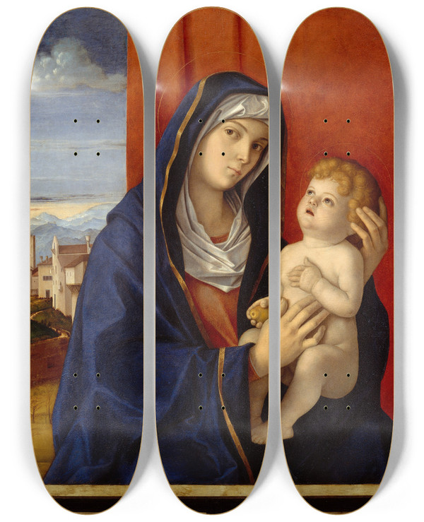 Triptych art skateboard deck of Giovanni Bellini Madonna And Child_2 by Giovanni Bellini (1426-1516)